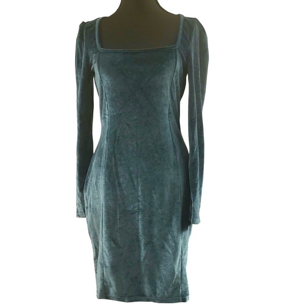 Crushed Velvet Mini Dress Blue/Green Medium Long Sleeve Bodycon Puff Sleeve